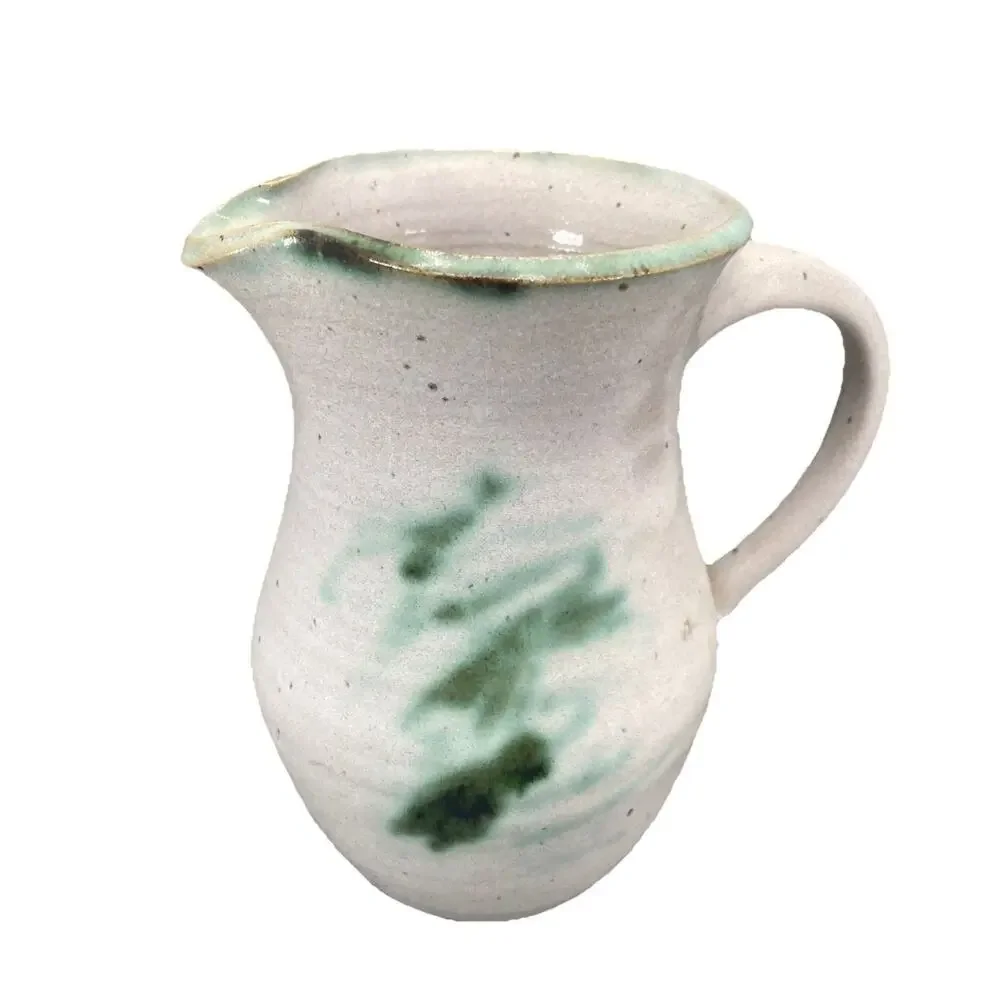 Studio Art Pottery Stoneware Pitcher Green White Teal Glaze Signed 6.25 in tall